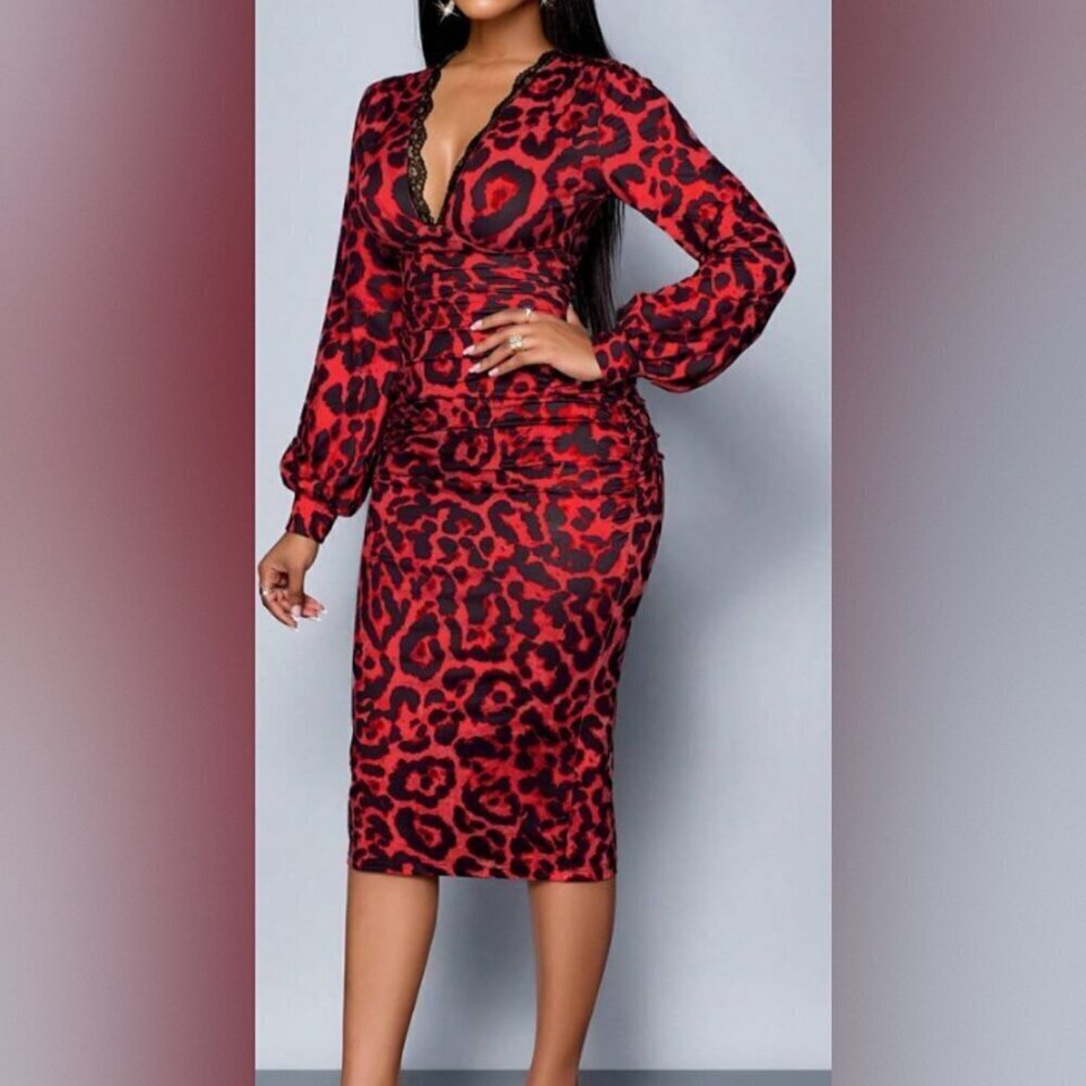 Red and Black Leopard Midi Dress